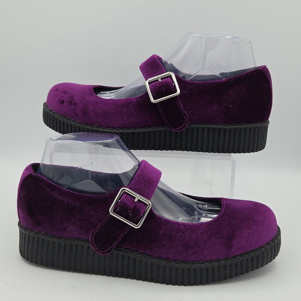 T.U.K. Viva Low Mary Jane Purple Velvet Chunky Ribbed Creeper Flats Shoes Sz 9